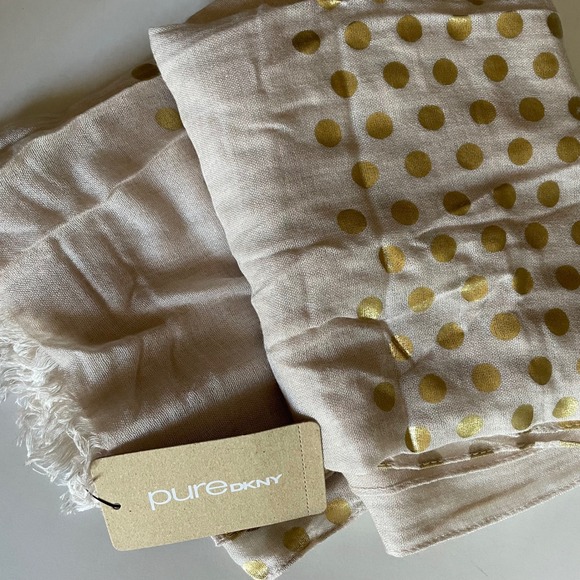 Pure DKNY Gold Polka Dot Scarf Wrap Sheer Lightweight‎ Fringe Tan NEW - Picture 2 of 11